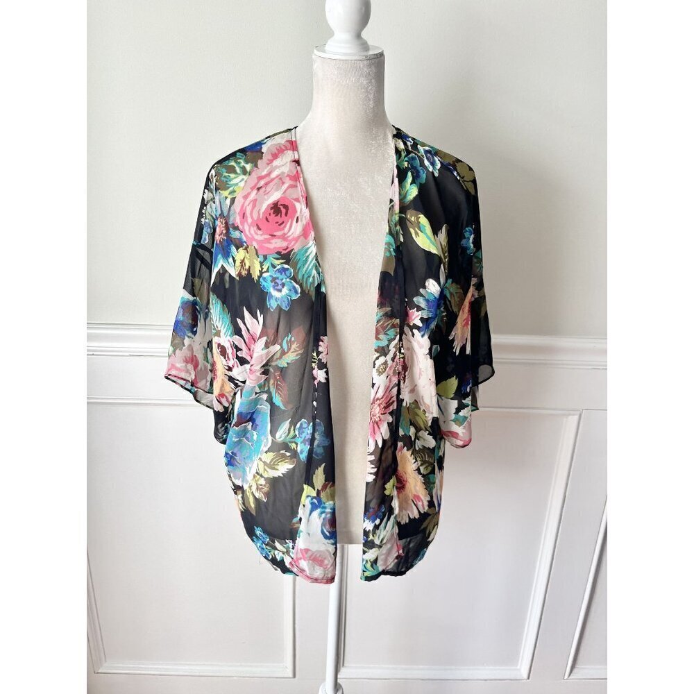Bobeau Gauzy Floral Print Open Kimono S Lightweight